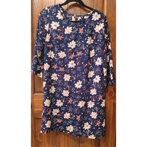 C&E Floral Shift Dress Blue Pink Cutout Back 3/4 Sleeve Casual
